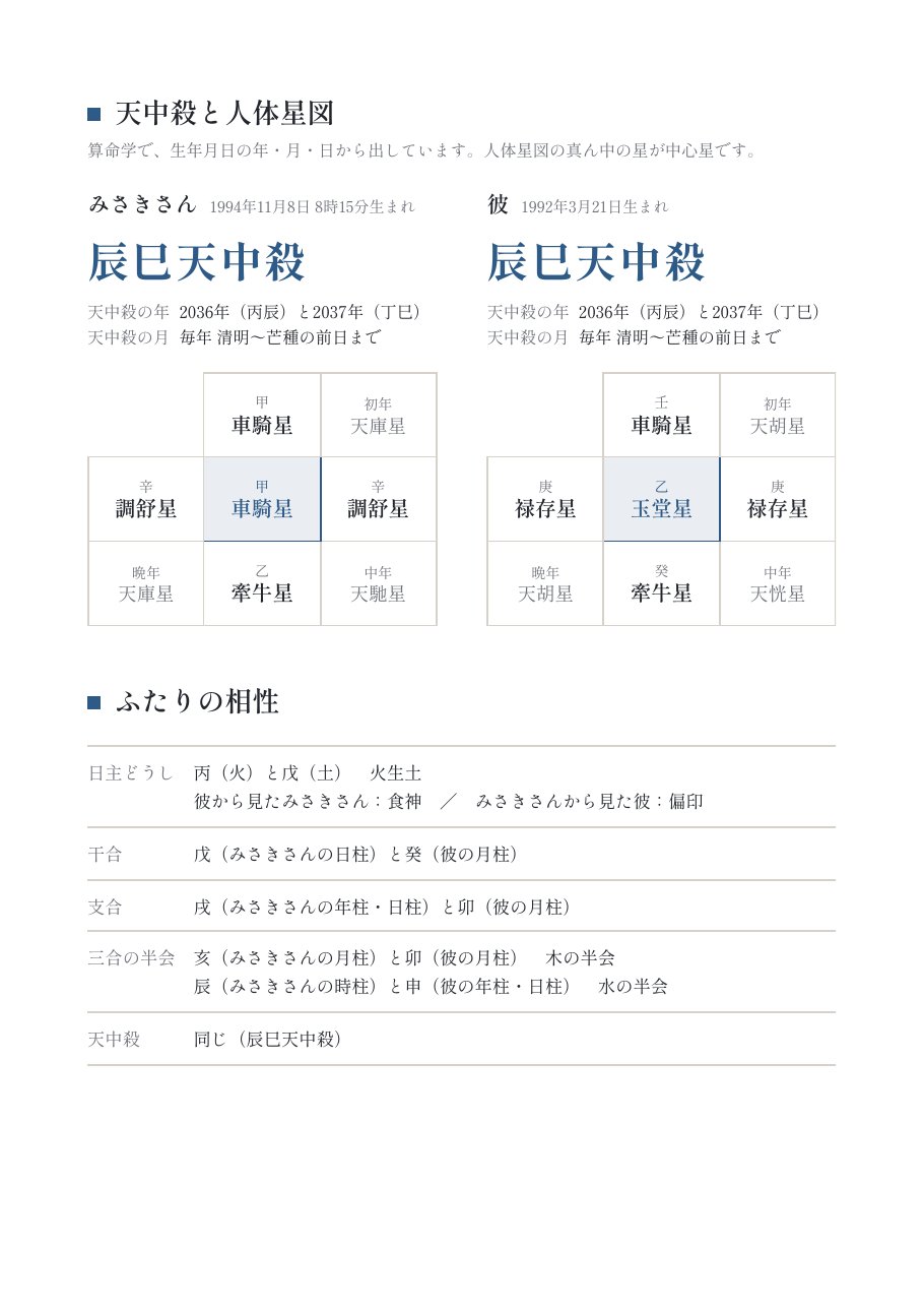鑑定書の天中殺と人体星図のページ